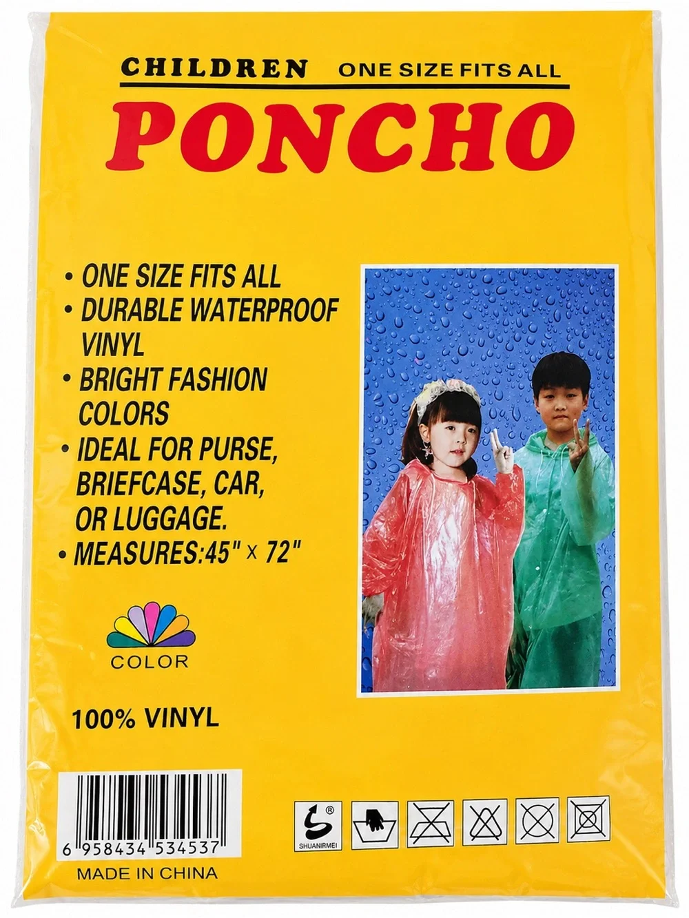 Children’s Waterproof Vinyl Rain Poncho – Choose One – Blue or Purple - One Size